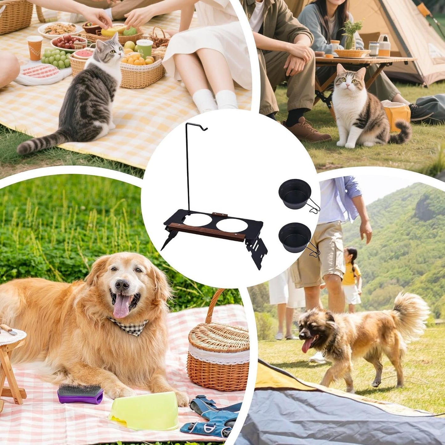 Raised Dog Bowl Stand | Multifunctional Metal Dog Bowl Stand with Lamp Rack,Cat Feeding Watering Supplies for Camping Car Show Mountaineering Outdoor Indoor