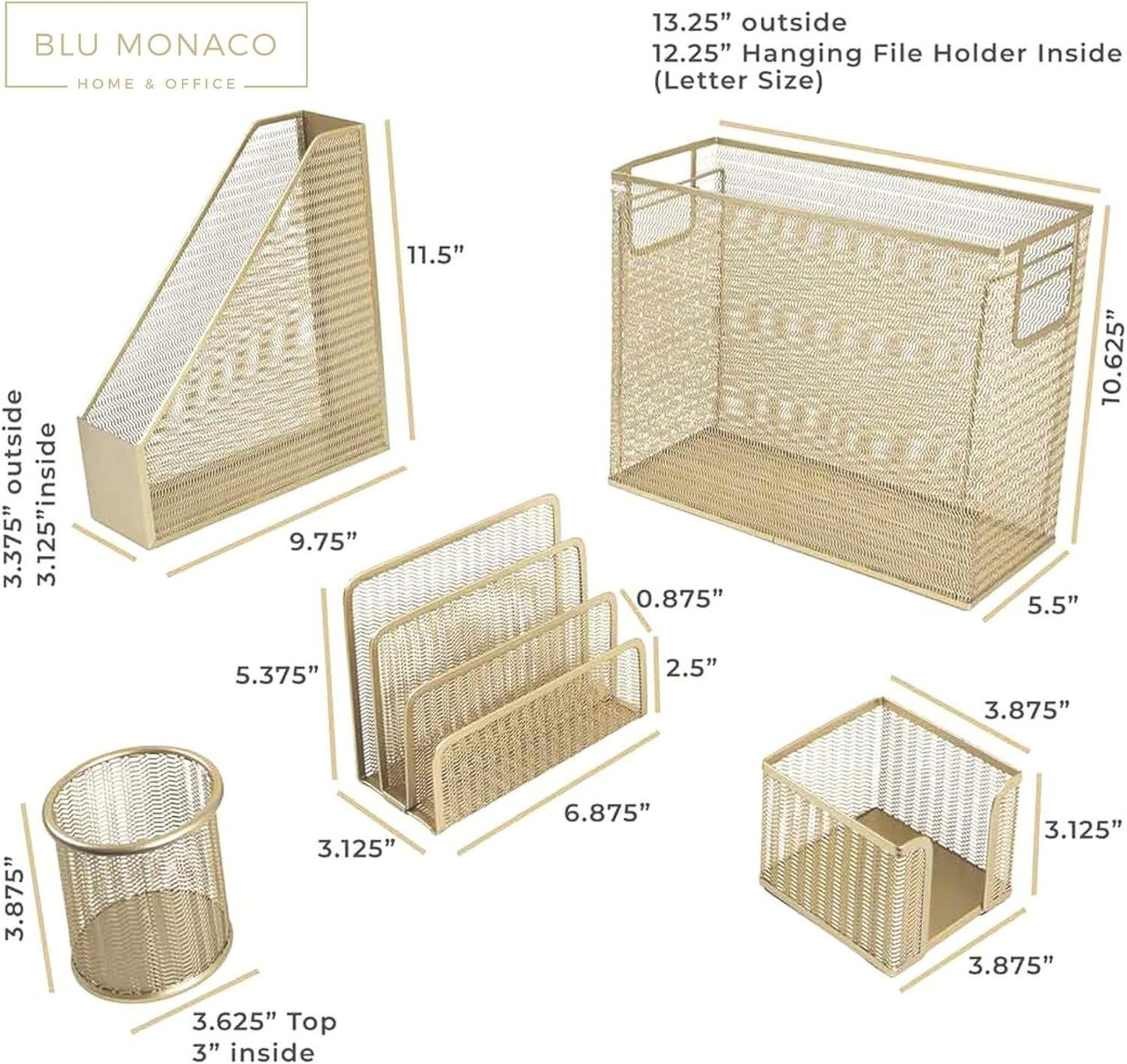 Blu Monaco 5 Piece Office Supplies Gold Desk Organizer Set - Desktop Hanging File Organizer - Desk Organizers and Storage - Desk accessories & Workspace organizers