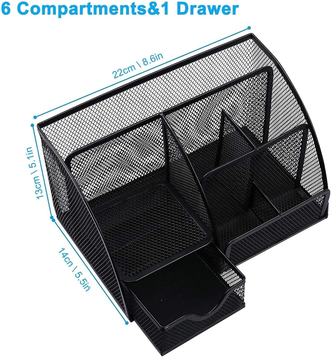 OKPOW Mesh Desk Organiser,Multi-Use Desk Tidy & Pen Holder with 6 storage and 1 Slide Drawer,Stationary Organiser for School,Home,Office desktop supplies (Black)