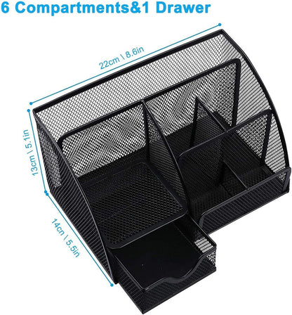 OKPOW Mesh Desk Organiser,Multi-Use Desk Tidy & Pen Holder with 6 storage and 1 Slide Drawer,Stationary Organiser for School,Home,Office desktop supplies (Black)