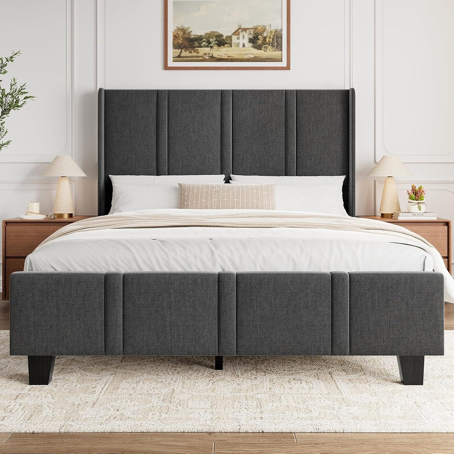 ROLETALENT Queen Bed Frames with 50.8" Tall Upholstered Headboard Wooden Platform Double Bed Frame Queen Size No Box Spring Needed Noise Free Easy Assembly