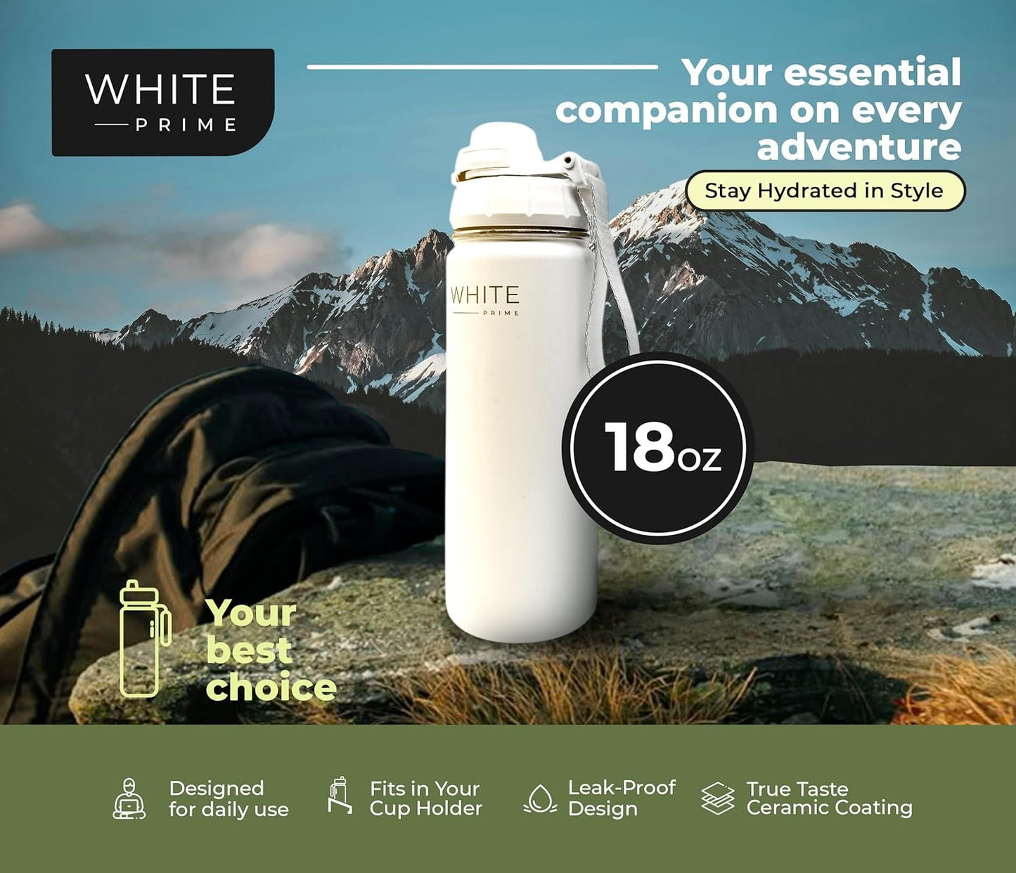 WHITE Prime | 18 oz Water Bottle | Wide Mouth | Drinkware Flasks