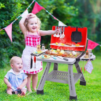 cute stone Kids BBQ Grill Playset, Toy Kitchen Set with Smoking Toy Barbecue Grill, Toy Kitchen Accessories, Indoor/Outdoor Interactive Pretend Play Toys for Boys Girls, 23.6" H
