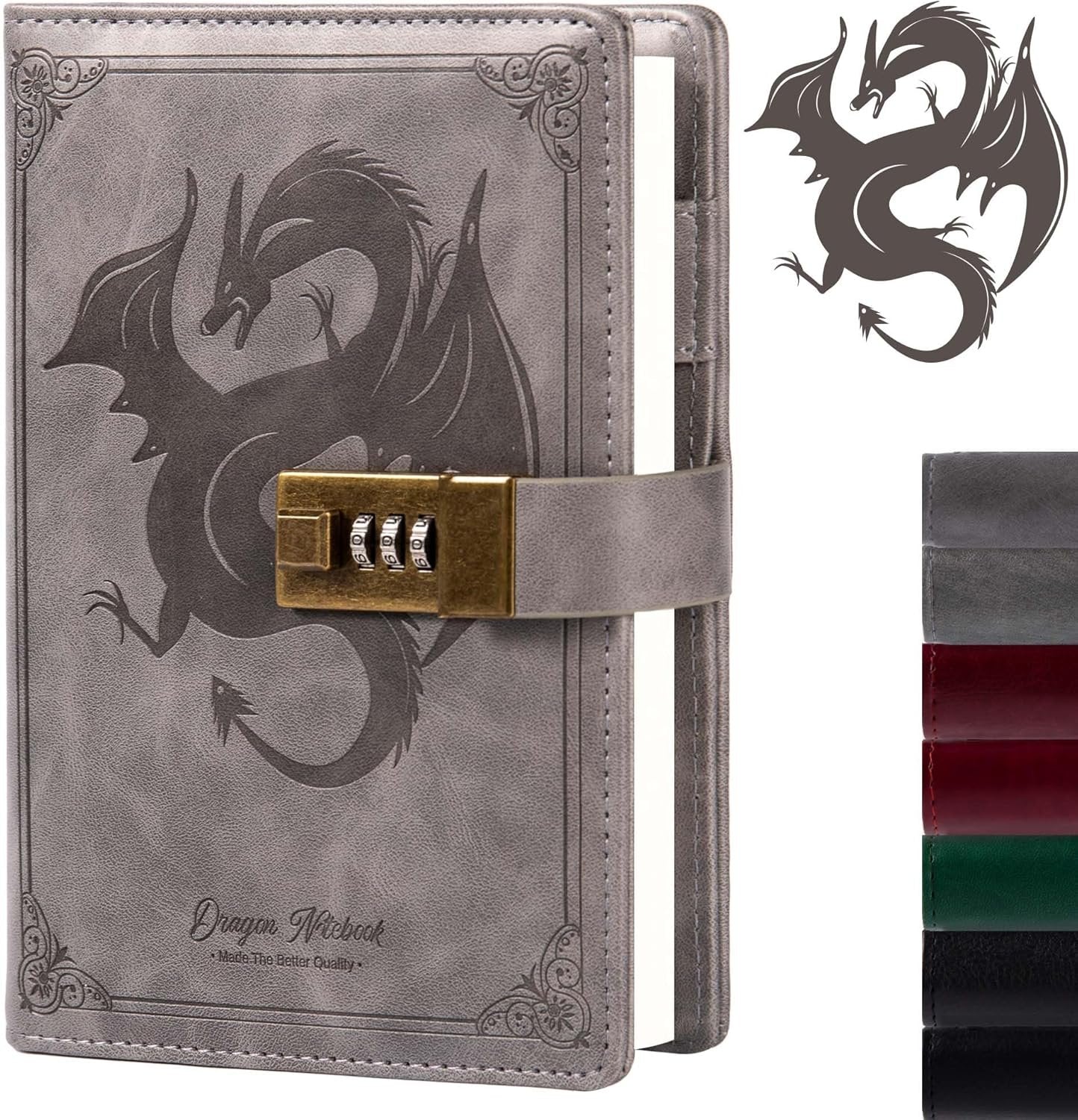 Dragon Leather Journal Notebook, Diary with Combination Lock, Lined/Blank Paper Notebook, B6 Writing Journals Stationery (Grey)