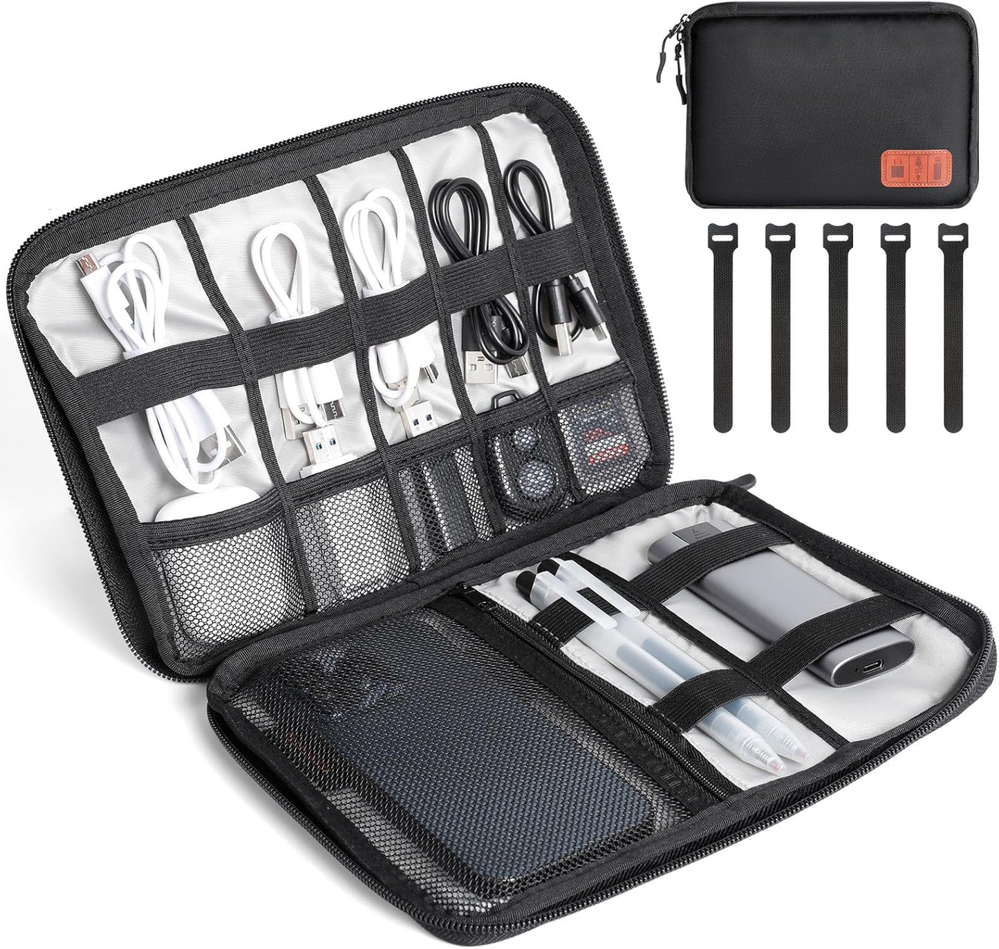Cozary Cable Organizer, Portable Travel Case for Electronic Accessories, Travel Bag Cable Organizer Holder for USB Cables, SD Cards, Chargers, Hard Disk, Black, Portable and Space Saving