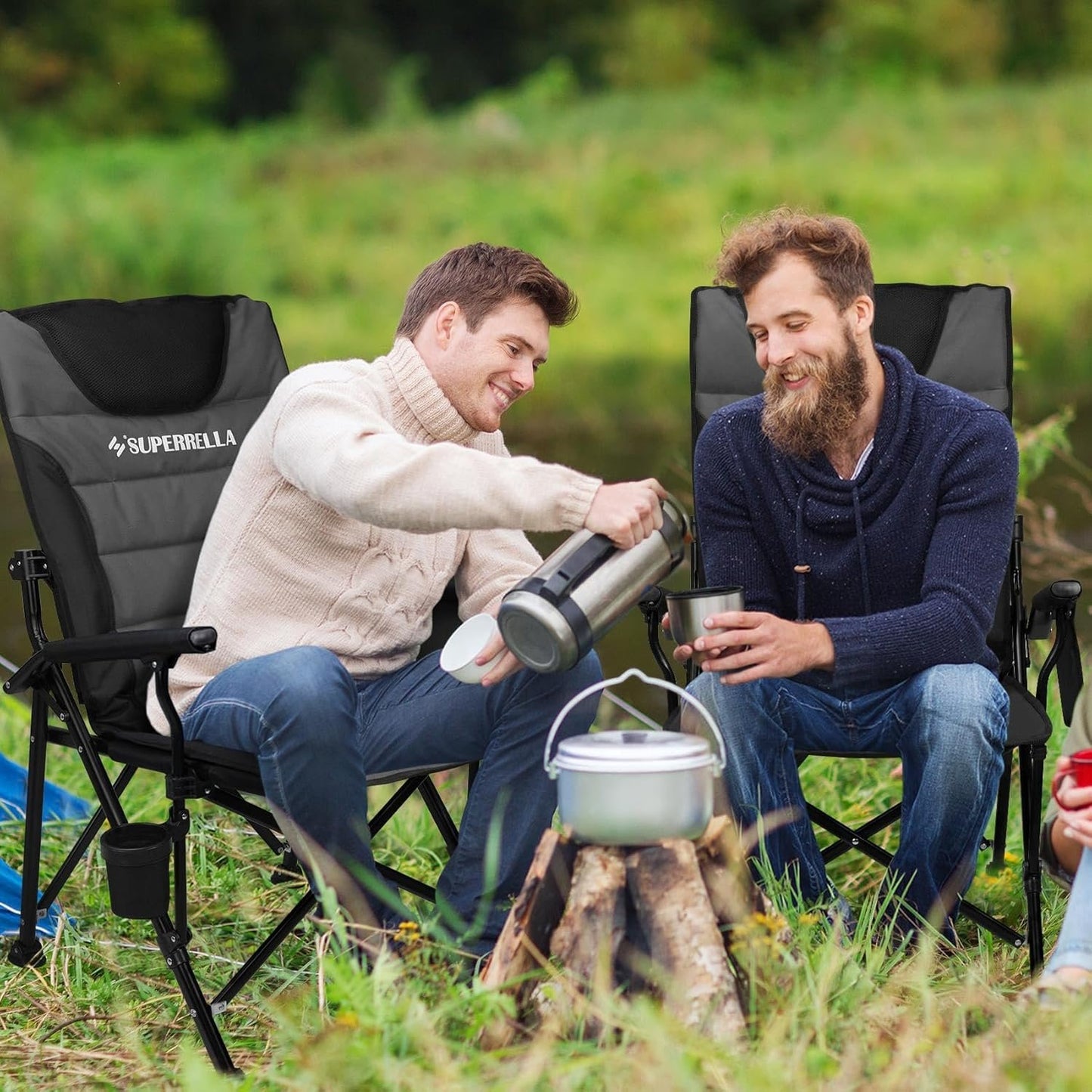 Superrella Movable Backrest Camping Chair for Adults with Cup Holder Folding Lawn Chairs for Outdoor Activities, Beach, Sports, Travel & Picnic, Black & Grey