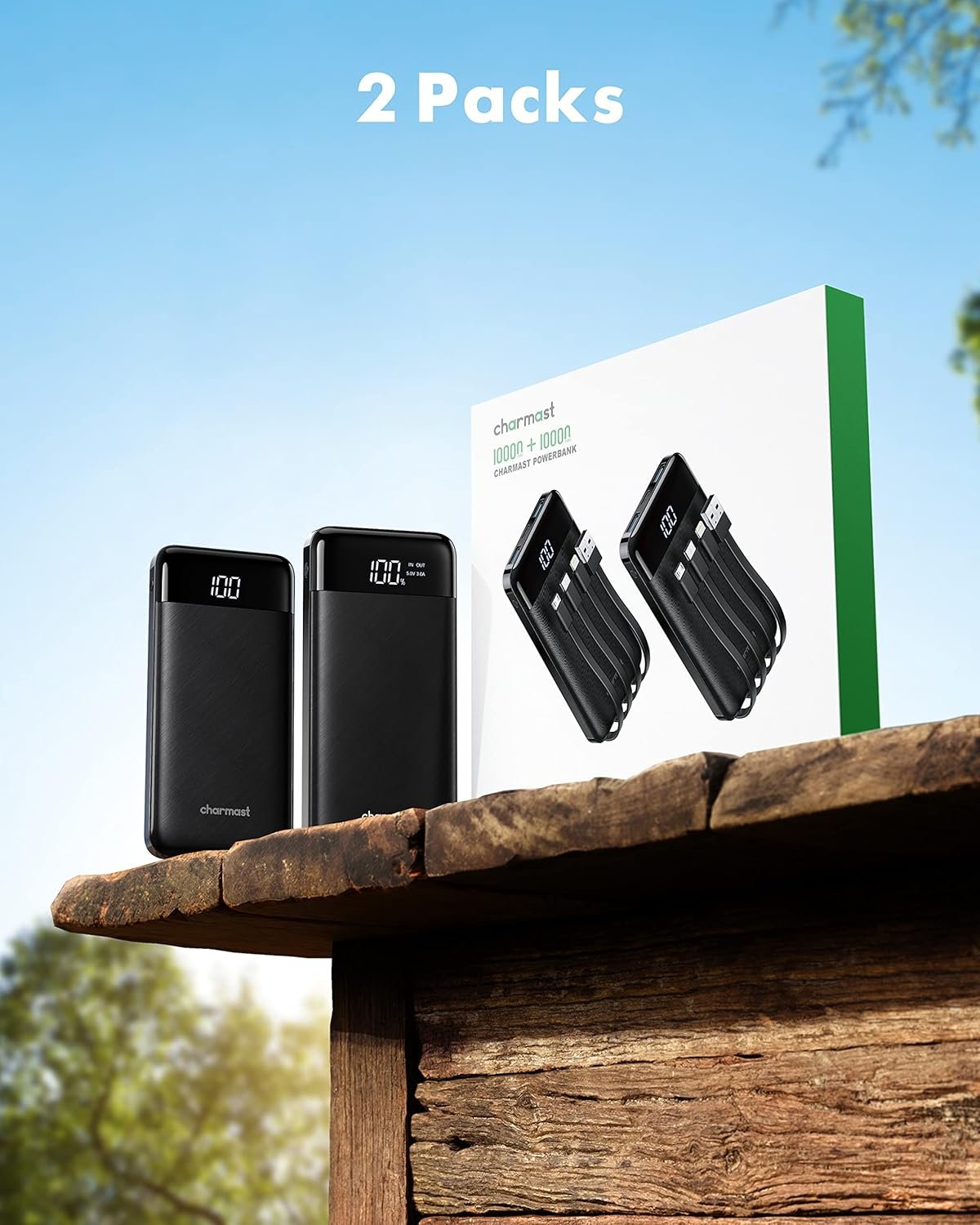 2 Pack of Portable Chargers with Built in Cables, 2PCS Slim 10000mAh Travel Essentials Battery Pack 6 Outputs 3A Power Banks for iPhone Samsung Pixel LG Moto iPad (Black + Black)