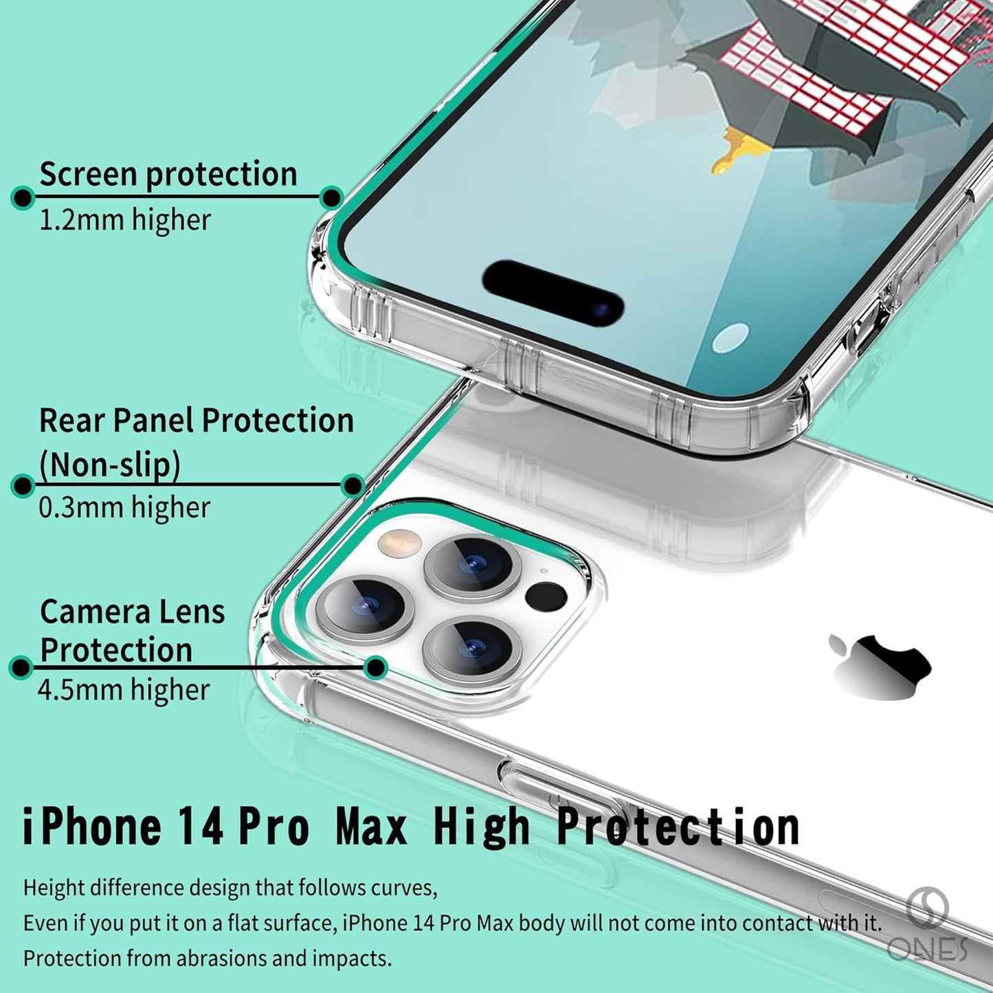 ONES iPhone 14 Pro Max HD Clear Case『 Military Protection Shockproof Airbags 』『 Speaker Resonance 』〔 Screen & Lens Guard 〕〔 Anti-Slip 〕〔 Strap Hole 〕 · Sturdy Impact Absorb Anti-Yellow Silicone Cover