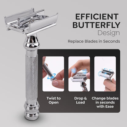 Parker 99R Chrome Long Handle Heavyweight Butterfly Open Double Edge Safety Razor for Men, 5 Parker Premium Platinum Double Edge Razor Blades Included
