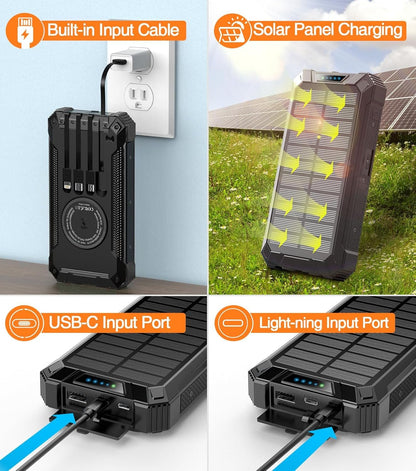 GOODaaa Wireless Solar Power Bank Portable Charger 26800mAh Built in 4 Cables Six Outputs 15W Fast Charging Power Bank for All Mobile Devices Three Inputs Solar Portable Charger with Dual Flashlights