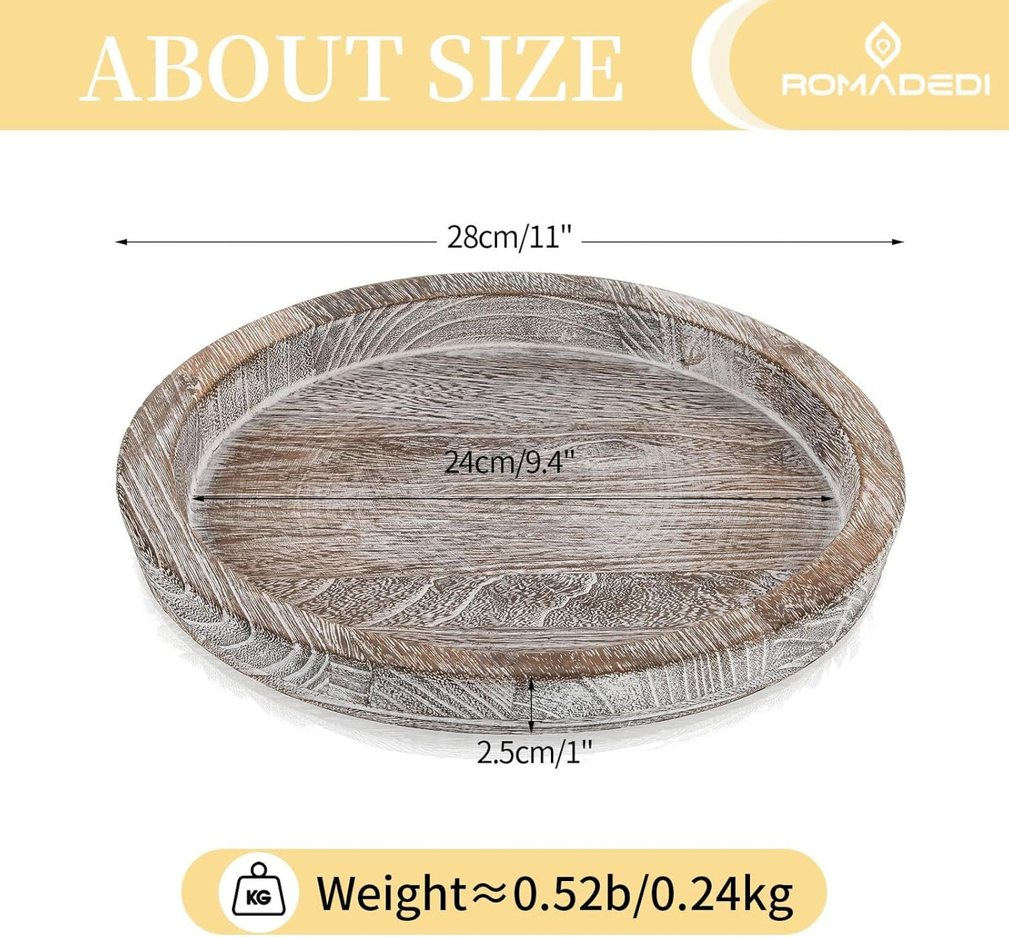 Romadedi Rustic Wooden Tray Candle Holder - Small Decorative Plate Pillar Candle Tray Wood for Farmhouse Dinning Table Kitchen Countertop Coffee Table Organizer Home Decor, Washedwhite,11inch