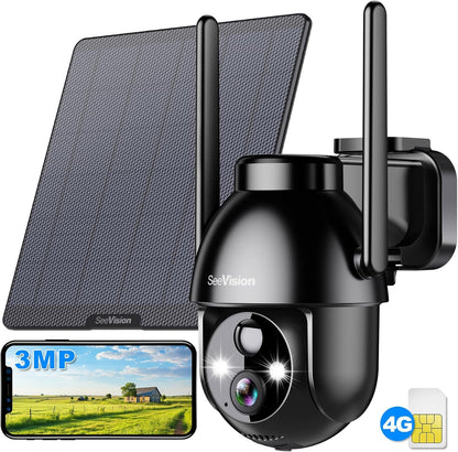 4G LTE Cellular Solar Security Cameras Wireless Outdoor, Solar Powered 3MP Camera 2K No WiFi Security Camera, PIR Motion Detection,Siren,Color Night Vision, SD/Cloud Storage (SIM Card Included)