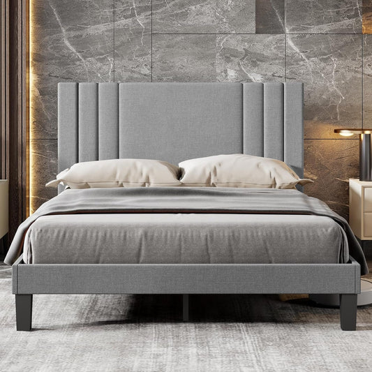 Queen Bed Frame with Headboard Upholstered Platform Bed Frame for Bedroom Wood Slat Support, No Box Spring Needed (Light Grey Linen, Queen)