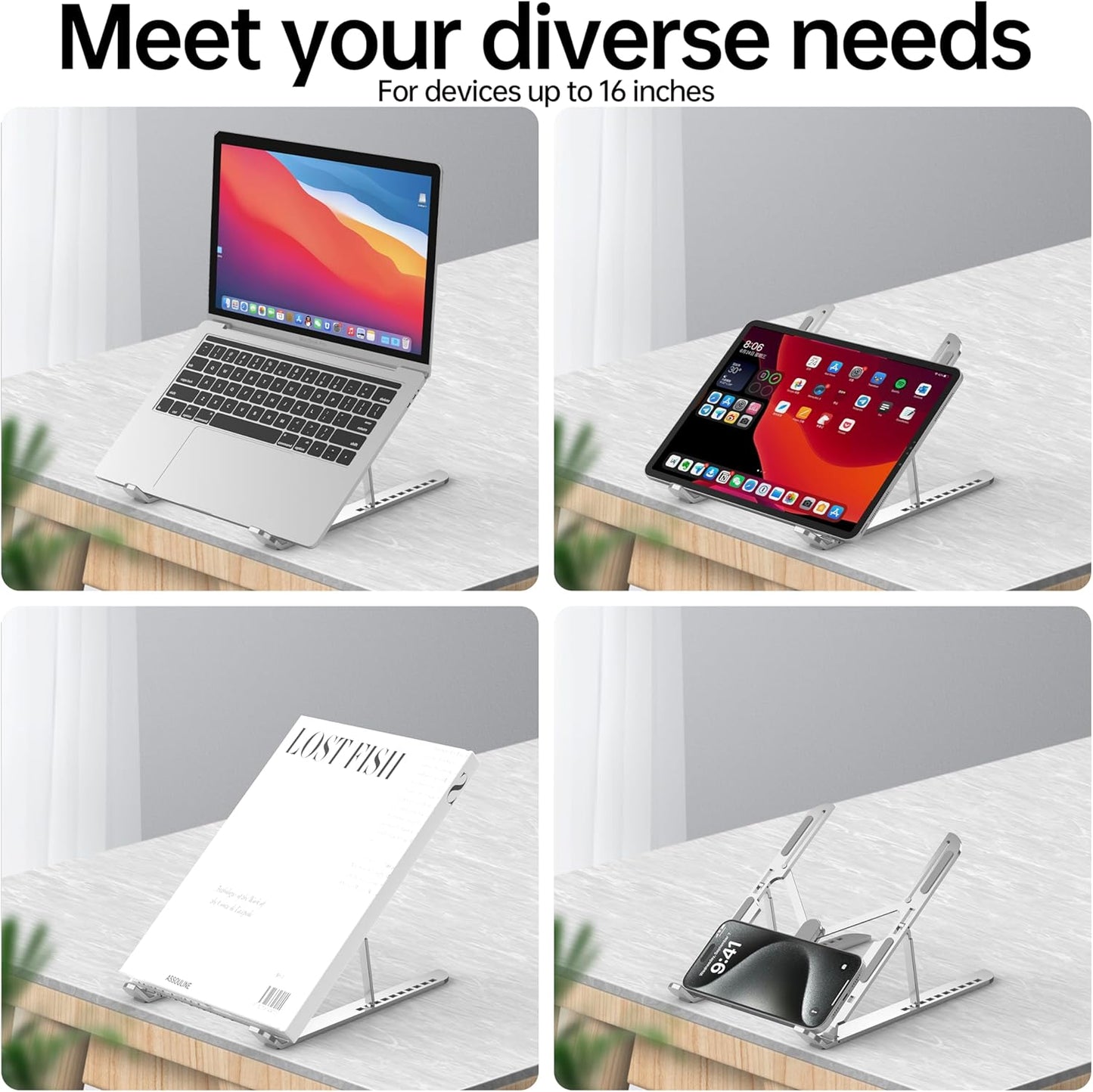 Laptop Stand for Desk,Aluminum 10-Levels Adjustable Laptop Riser Portable Laptop Holder,Ventilated Cooling pad Notebook Stand for MacBook Pro Air,Lenovo,Dell,HP,More 10-15.6”Laptops,Tablet (Grey)