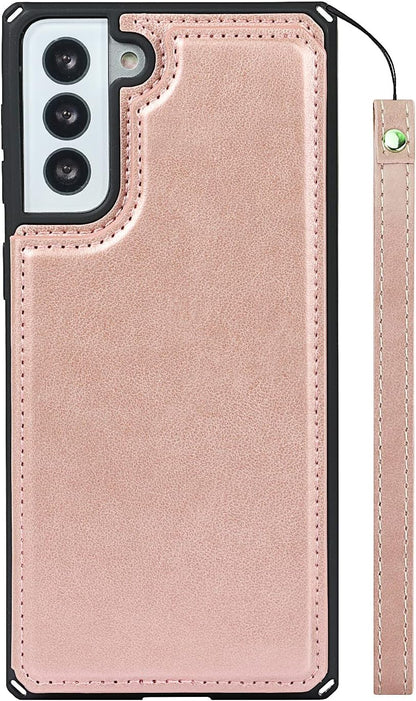 Cavor PU Leather Wallet for Samsung Galaxy S21/ S21 5G Case Flip Magnetic Clasp Back Cover Shockproof Soft TPU Phone Cases with Lanyard & Card Slots Holder & Kickstand Protective Case-Rose