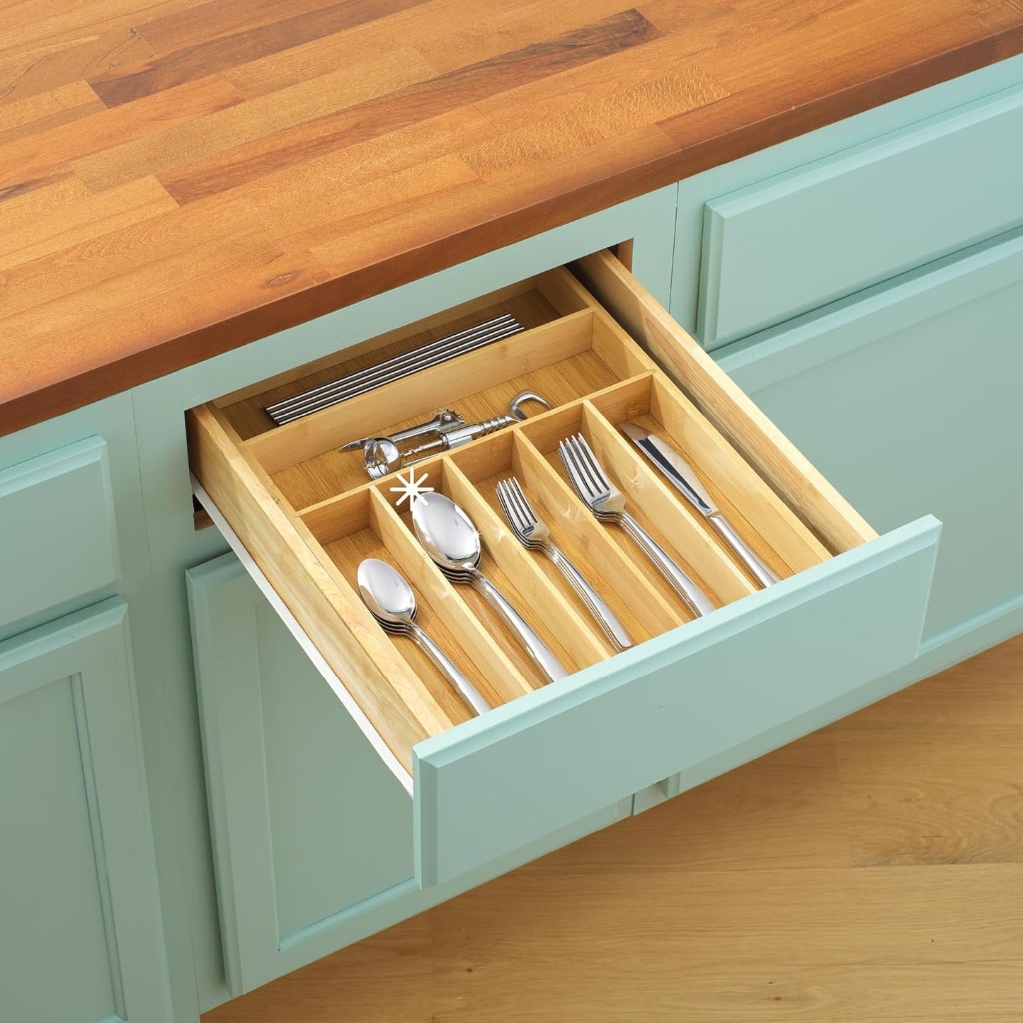 JoyJolt Bamboo 7-Compartment Silverware Organizer, Cutlery & Utensil Drawer Organizer, Ideal for Kitchen, Bathroom & Garage, Rustic Modern Style, Silver