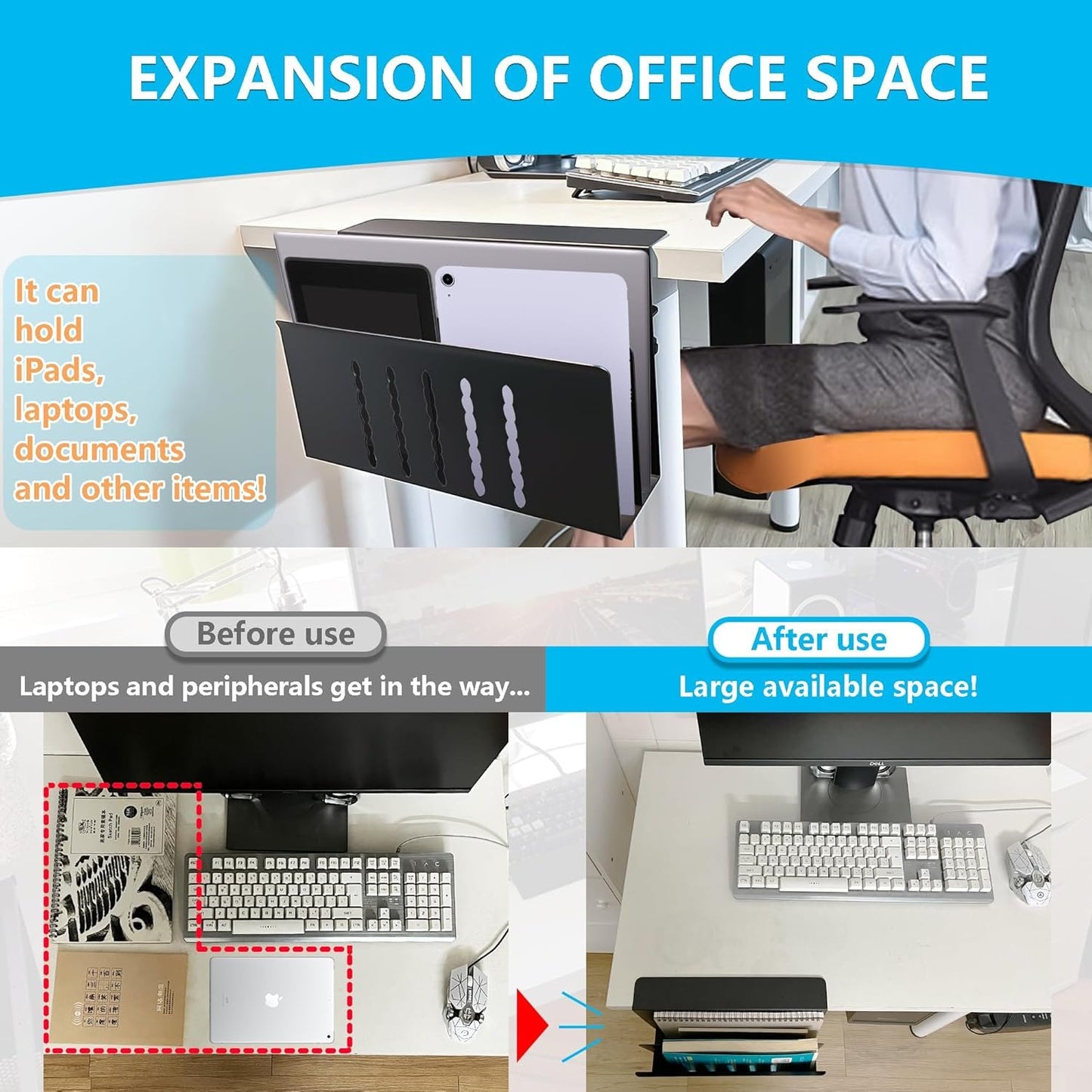 JGTONG Desk Side Storage, 2 Tier Hanging Desk Organizer No Drill, Alloy Steel Under Desk Storage Laptop Holder, Document Shelf for Office & Home, Load Capacity 25 Lbs (Black)