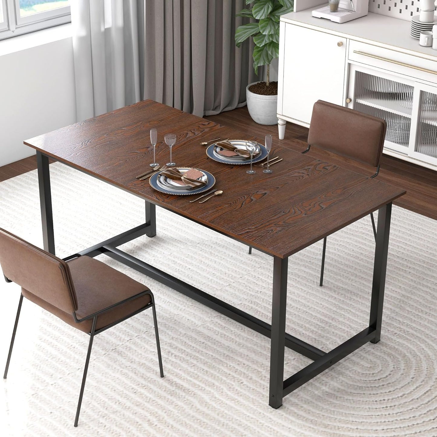 HOMCOM Extendable Dining Table for 4-6, Industrial Folding Kitchen Table with Steel Frame, 63"-79" Adjustable Tabletop, Brown Wood Grain