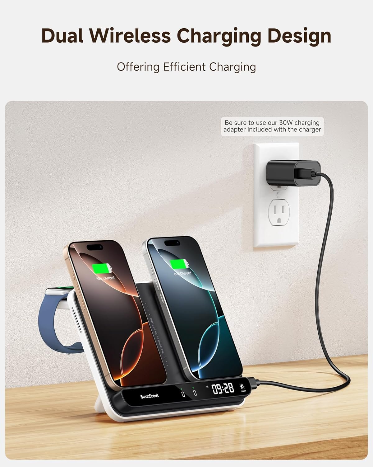 SwanScout 710A Dual Wireless Charger for Phone, Wireless Charging Station for Apple Watch 10/9/8/7/6/5/4/3/2/SE 2&AirPods 4, Wireless Charger for 2 iPhone
