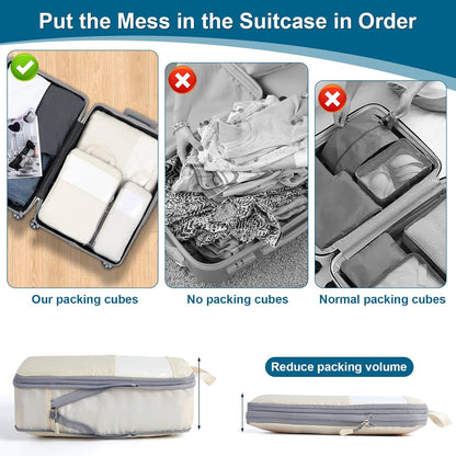 Cozary Suitcase Organizer - Packing Cubes Set with Compression and Waterproof Polyester Fabric, Travel Underwear Set for Backpacks or Hand Luggage, Perfect for Travel and Camping - Beige