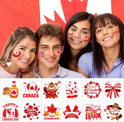 Konsait 72 Pcs Canada Day Tattoos, Red and White Maple Leaf Temporary Tattoos Kids Adults Happy Canada Day Decorations Canadian Flag Fake Tattoo Stickers Patriotic Party Favor Body Makeup Accessories