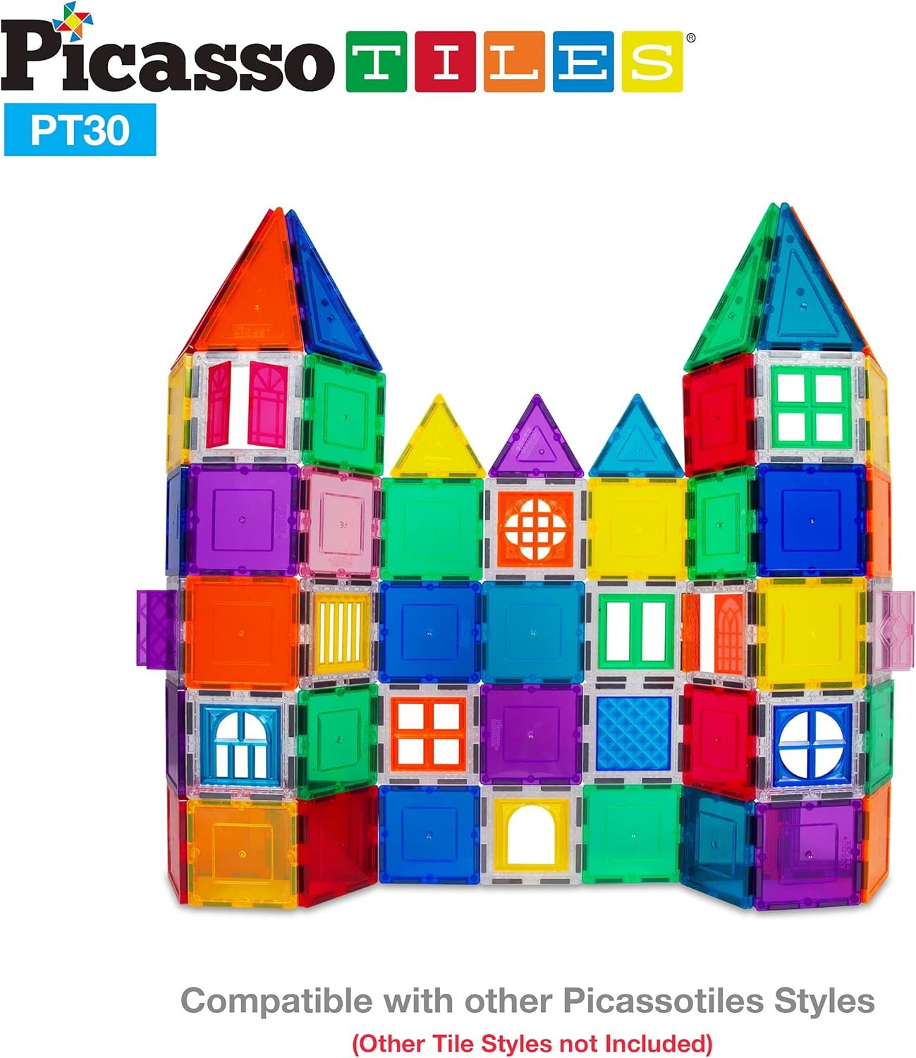 PicassoTiles 30 Piece Window and Door Clip On Magnetic Blocks Magnet Tiles Magnets Building Tile Construction Toy Set STEM Education Toys Learning Kit Stacking Block Playset Boys & Girls Age 3+ PT30