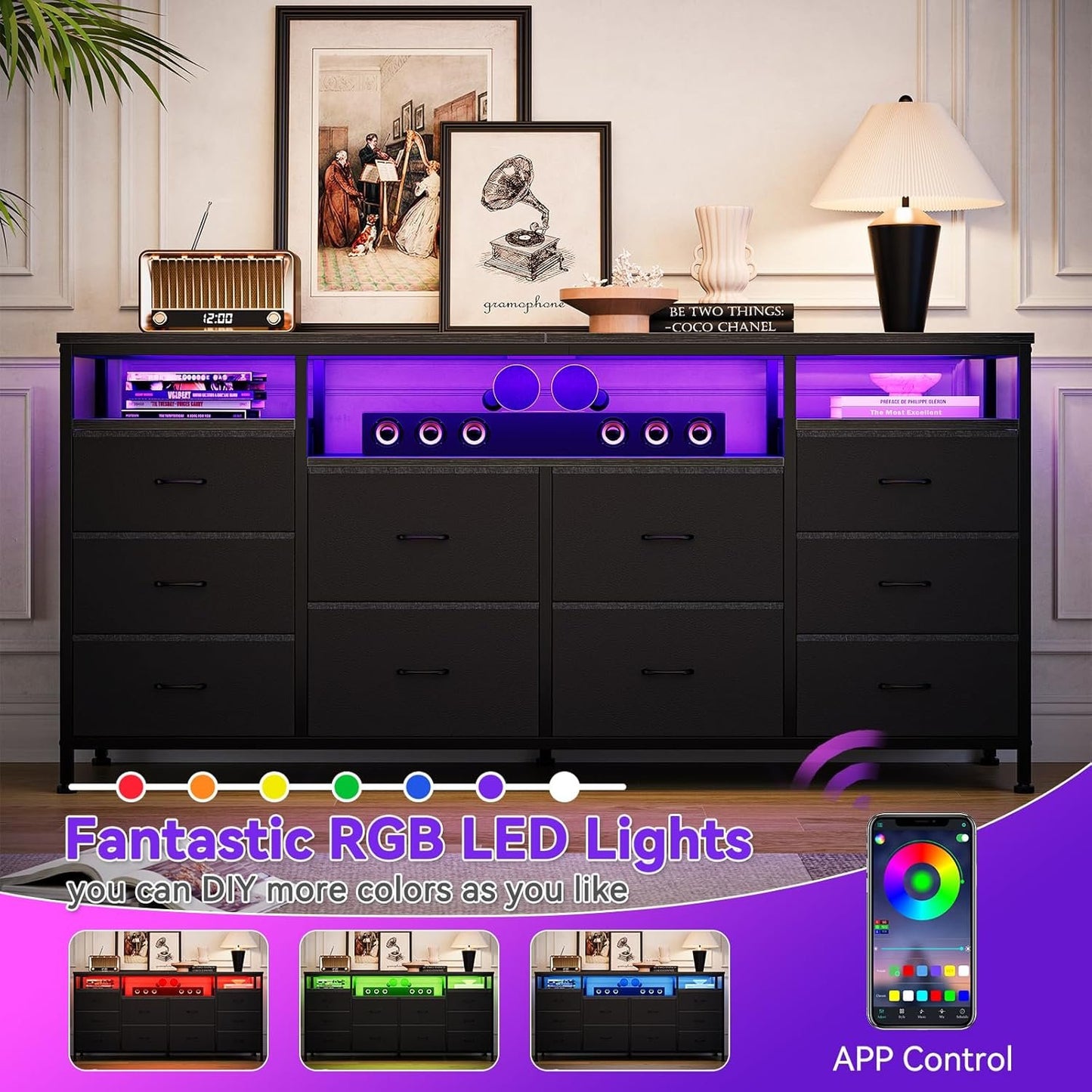 TV Stand with 10 Fabric Drawers for 65 70 75 Inches TV, 63" W Entertainment Center TV Console Table with LED Lights & Power Outlets & Open Storage Shelves