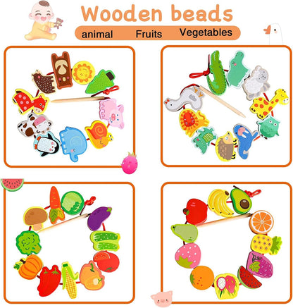 LITTLEFUN Preschool Montessori Wooden Threading Toys with Animals Fruits Number Alphabet Traffic Beads for Kids Toddler - Best Toy Gifts