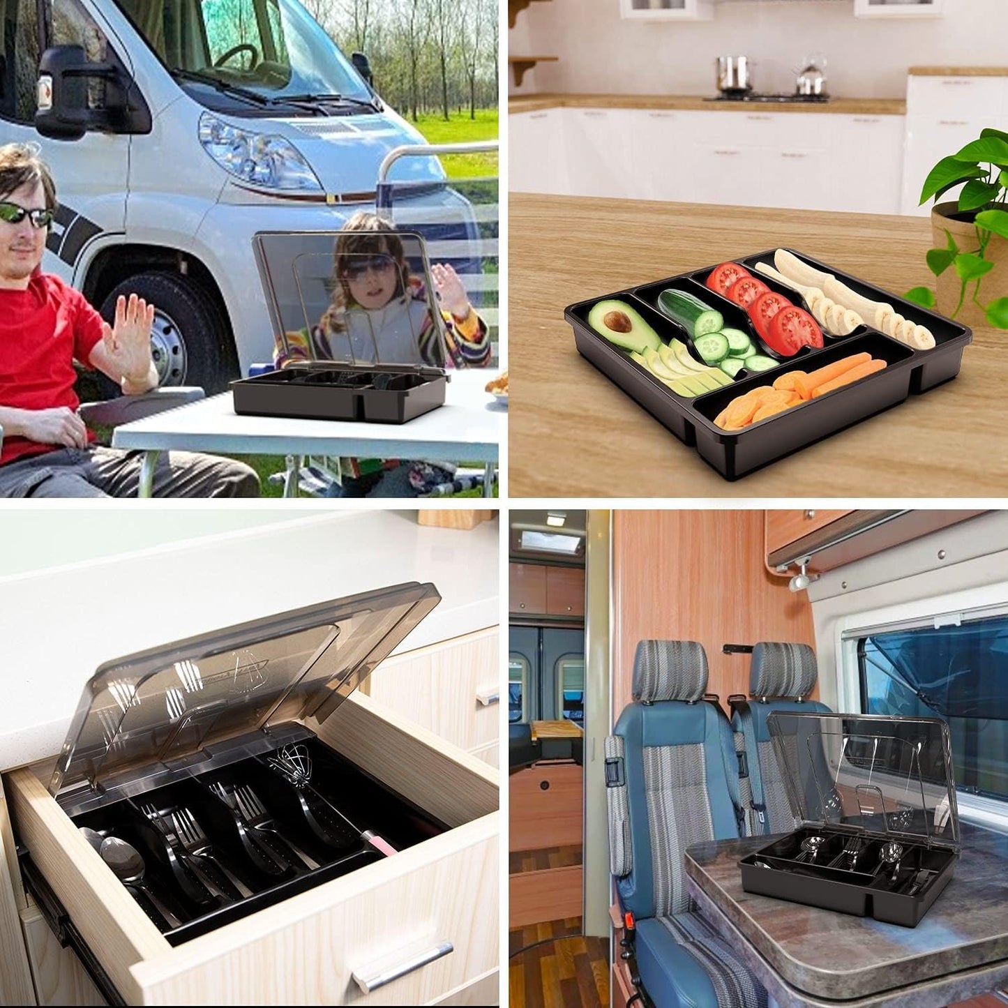QINOL Cutlery Organizer with Lid, Kitchen Drawer Organizer Plastic kitchen Utensil Organizer 5 Compartments for Cutlery Forks Spoons Knives, Large Cutlery Tray Drawer Organizer 12x12x2.7 Inch Black
