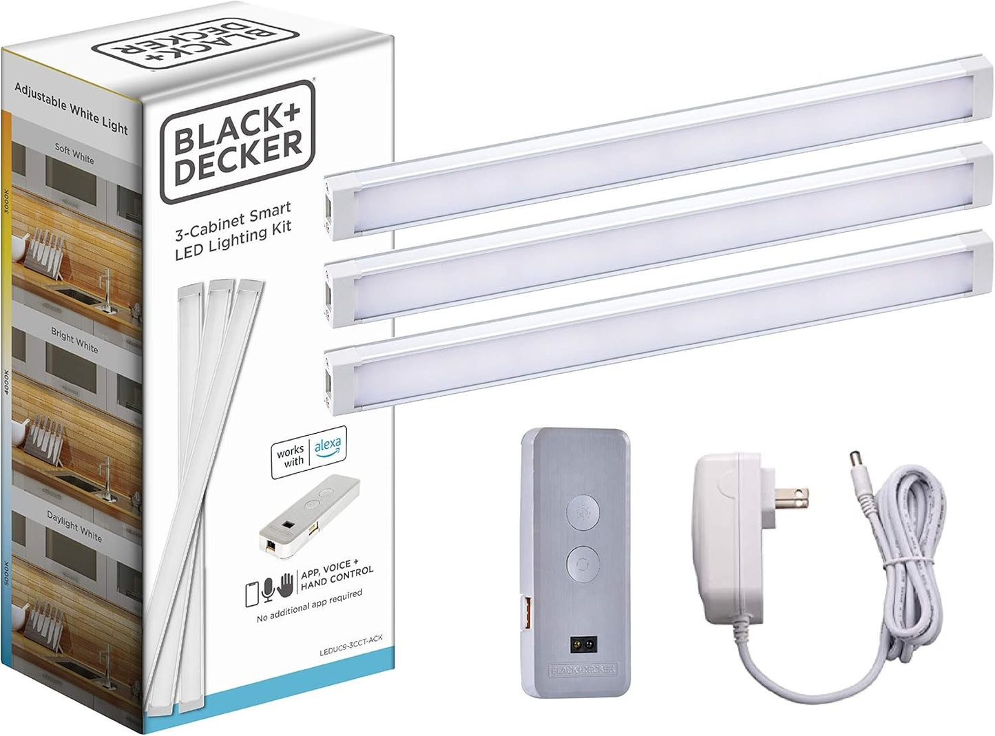 BLACK+DECKER Works with Alexa Smart Under Cabinet Lighting Kit, Adjustable LEDs, (3) 9" Bars White