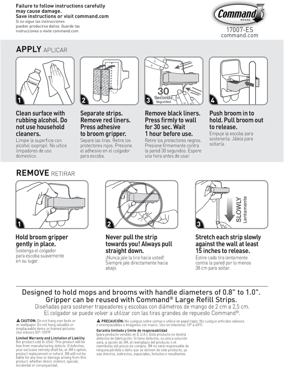 Command Broom and Mop Grippers, 2 Hangers and 4 Command Strips, Damage Free Hanging Wall Mount Broom and Mop Holder, Household Cleaning Organizer for Organization and Storage, Holds up to 4 lb