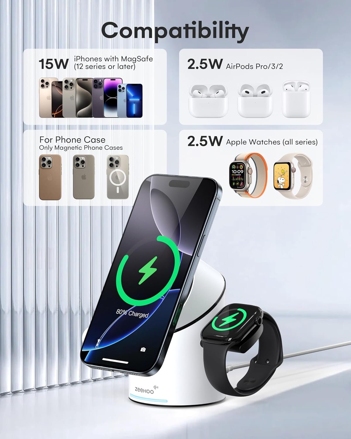 ZEEHOO 3 in 1 Wireless Charging Station Compatible with Magsafe Charger Stand, Qi2 15W Fast Charger Auto-Rotating Multiple for iPhone 16/15/14/13/12, AirPods, iWatch/Ultra