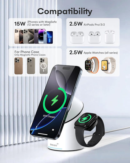 ZEEHOO 3 in 1 Wireless Charging Station Compatible with Magsafe Charger Stand, Qi2 15W Fast Charger Auto-Rotating Multiple for iPhone 16/15/14/13/12, AirPods, iWatch/Ultra