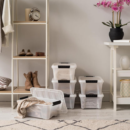 IRIS USA 12 L Plastic Storage Box with Lid and Latches - 6 Pack - BPA-Free, Discreet Organizing Solution, Durable Nestable Stackable Containers, Secure Pull Handle - Pearl