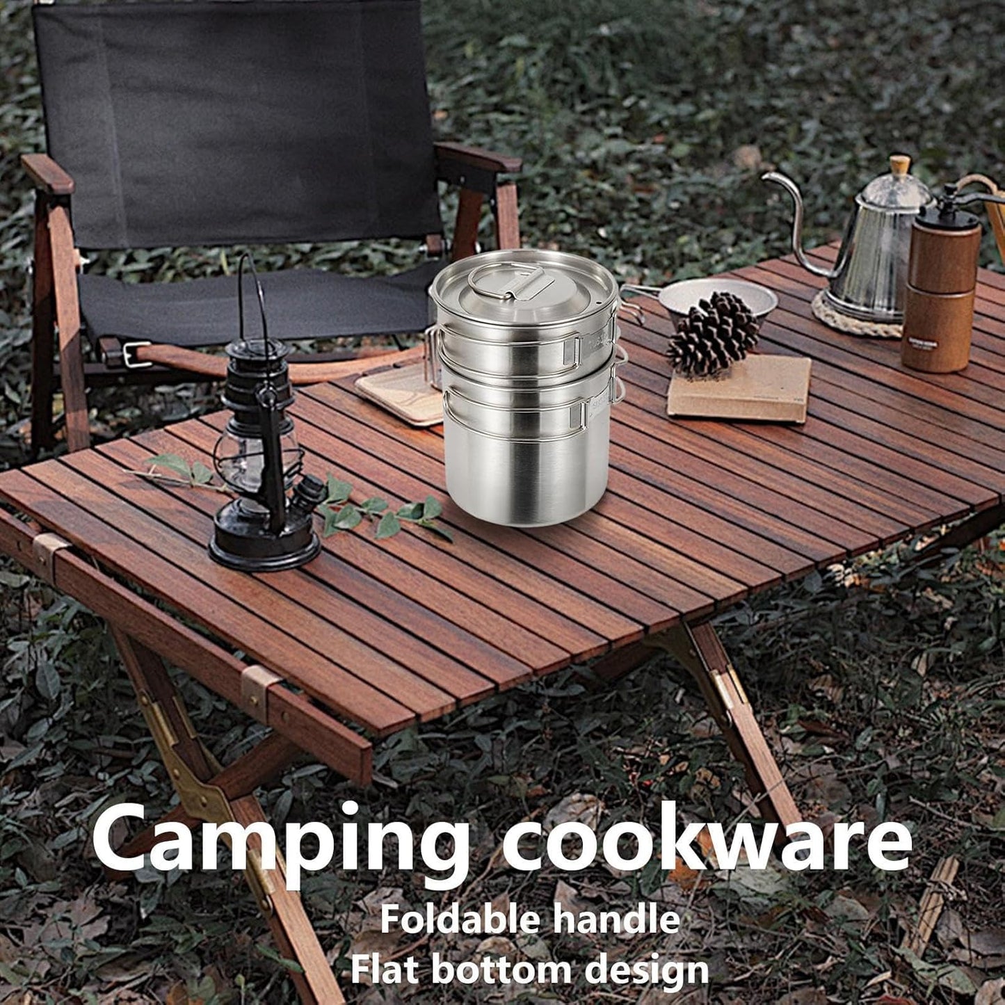 Camping Cookware, Stainless Steel Pot Set, 4.17 x 0.39 Inches Lightweight Outdoor Cooking Gear, Compact Survival Equipment, Backpacking Picnic Hiking Travel Organizer Kit