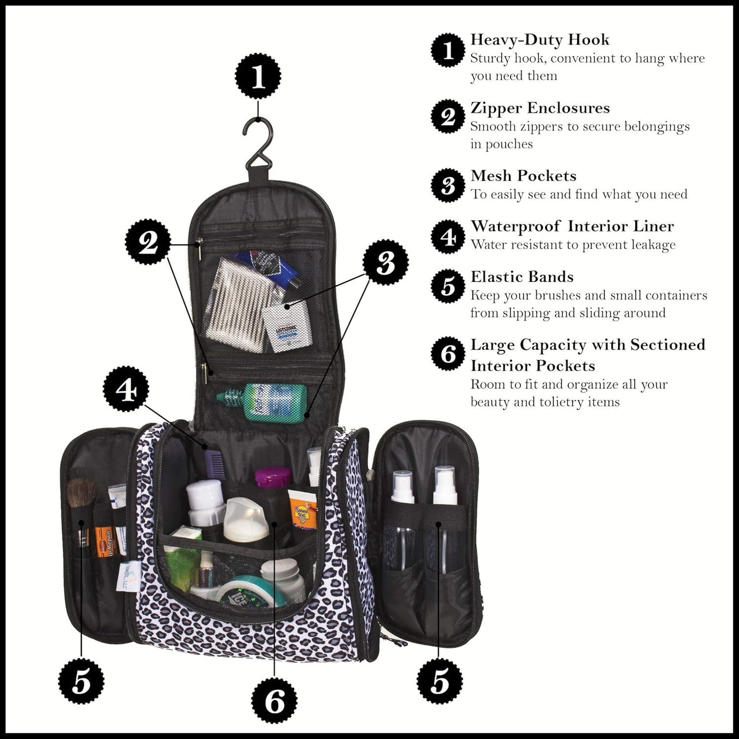 DMJSL Womens Hanging Toiletry Bag - Travel Makeup Organizer and Cosmetic Case, TSA Approved, Black Leopard Print