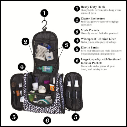 DMJSL Womens Hanging Toiletry Bag - Travel Makeup Organizer and Cosmetic Case, TSA Approved, Black Leopard Print