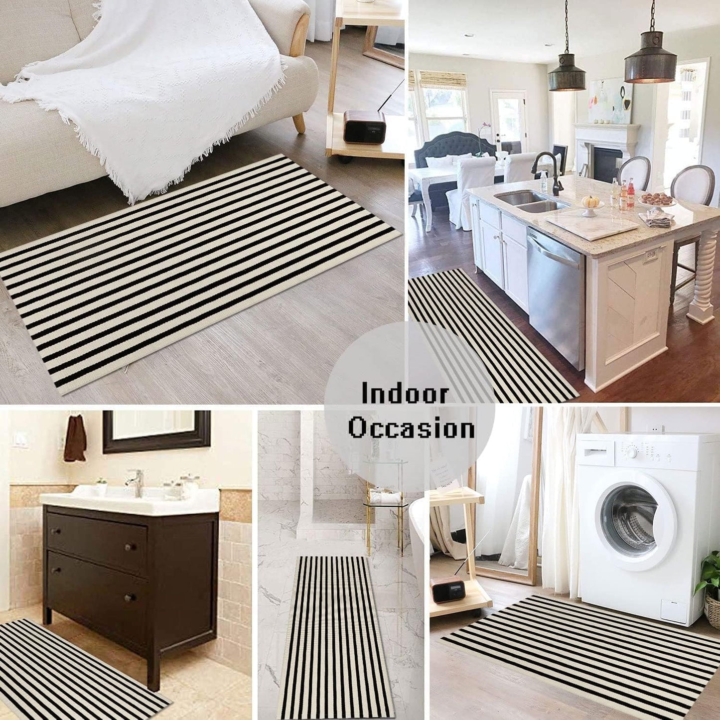 Jabykare Front Door Mat Outdoor Cotton Handwoven Farmhouse Layered Door Mat Washable Striped Porch Rug Carpet Mat for Entrance Kitchen Laundry Bedroom(Black and Beige, 90x150 cm)