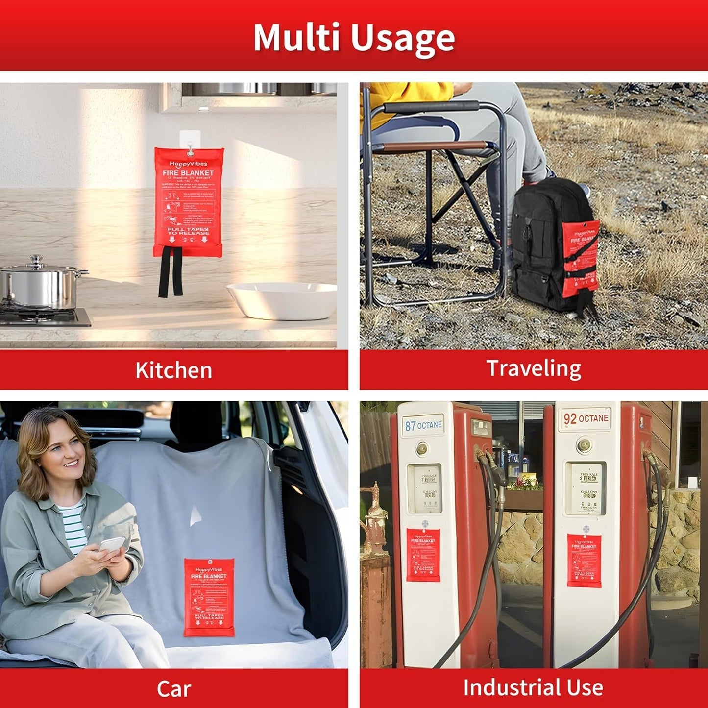 HappyVibes Emergency Fire Blanket for Home - 4 Pack Fiberglass Fire Extinguishing Blanket 40x40 Inches - Fire Blankets Emergency for Home, Kitchen, School, Office, Car, and Grill