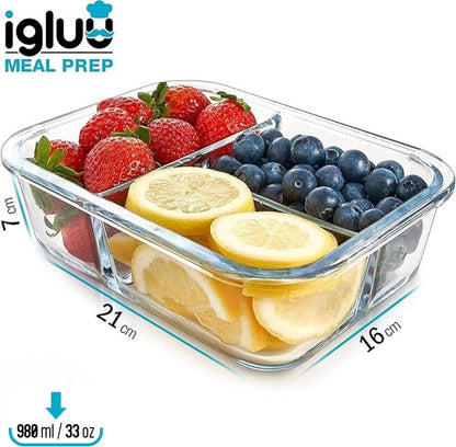 Igluu Meal Prep Glass 3 Compartment Container with Airtight SnapLock Lids - Portion Control Food Storage - BPA Free - Microwavable, Dishwasher and Oven Safe [3 Pack]