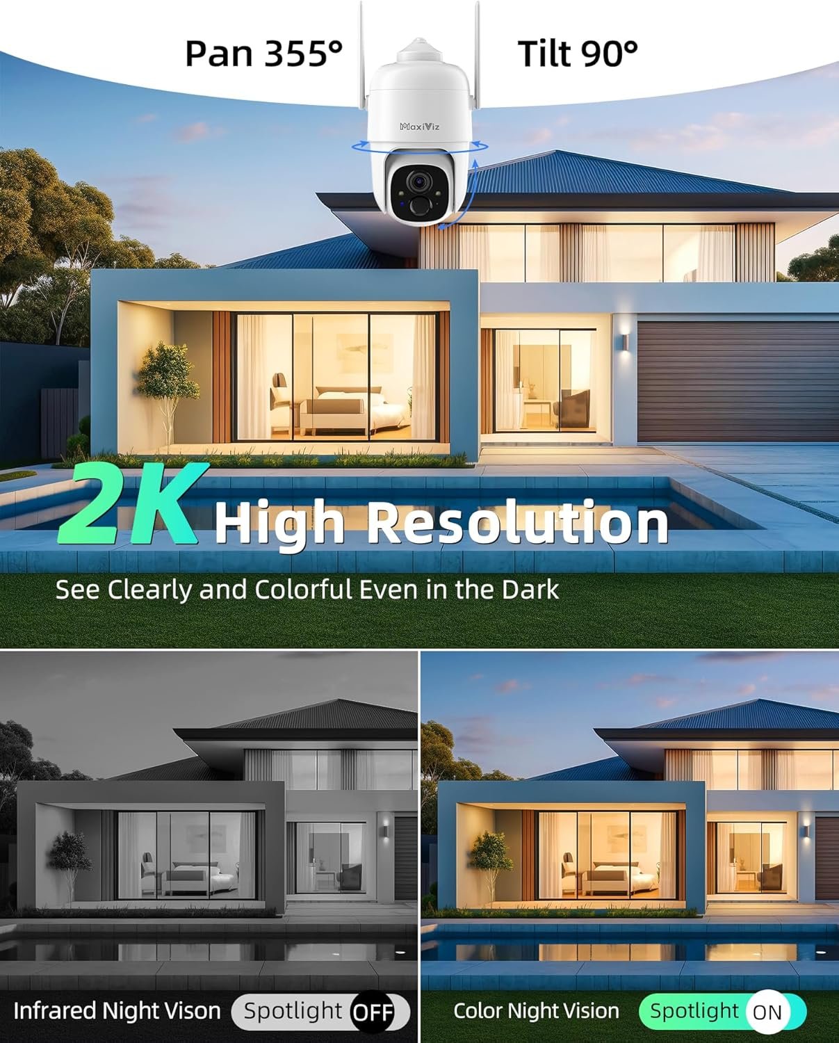 MaxiViz Solar Security Camera Wireless Outdoor, 360Â° View Cameras for Home Security Outside with AI Motion Detection, 2K Color Night Vision, Two-Way Talk, IP66 Weatherproof, SD/Cloud Storage (2 Pack)