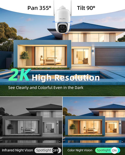 MaxiViz Solar Security Camera Wireless Outdoor, 360Â° View Cameras for Home Security Outside with AI Motion Detection, 2K Color Night Vision, Two-Way Talk, IP66 Weatherproof, SD/Cloud Storage (2 Pack)