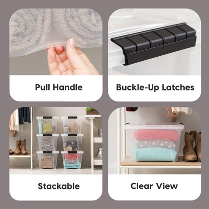 IRIS USA 18 L Plastic Storage Box with Lid and Latches - 4 Pack - BPA-Free, See-Through Organizing Solution, Durable Nestable Stackable Containers, Secure Pull Handle - Clear