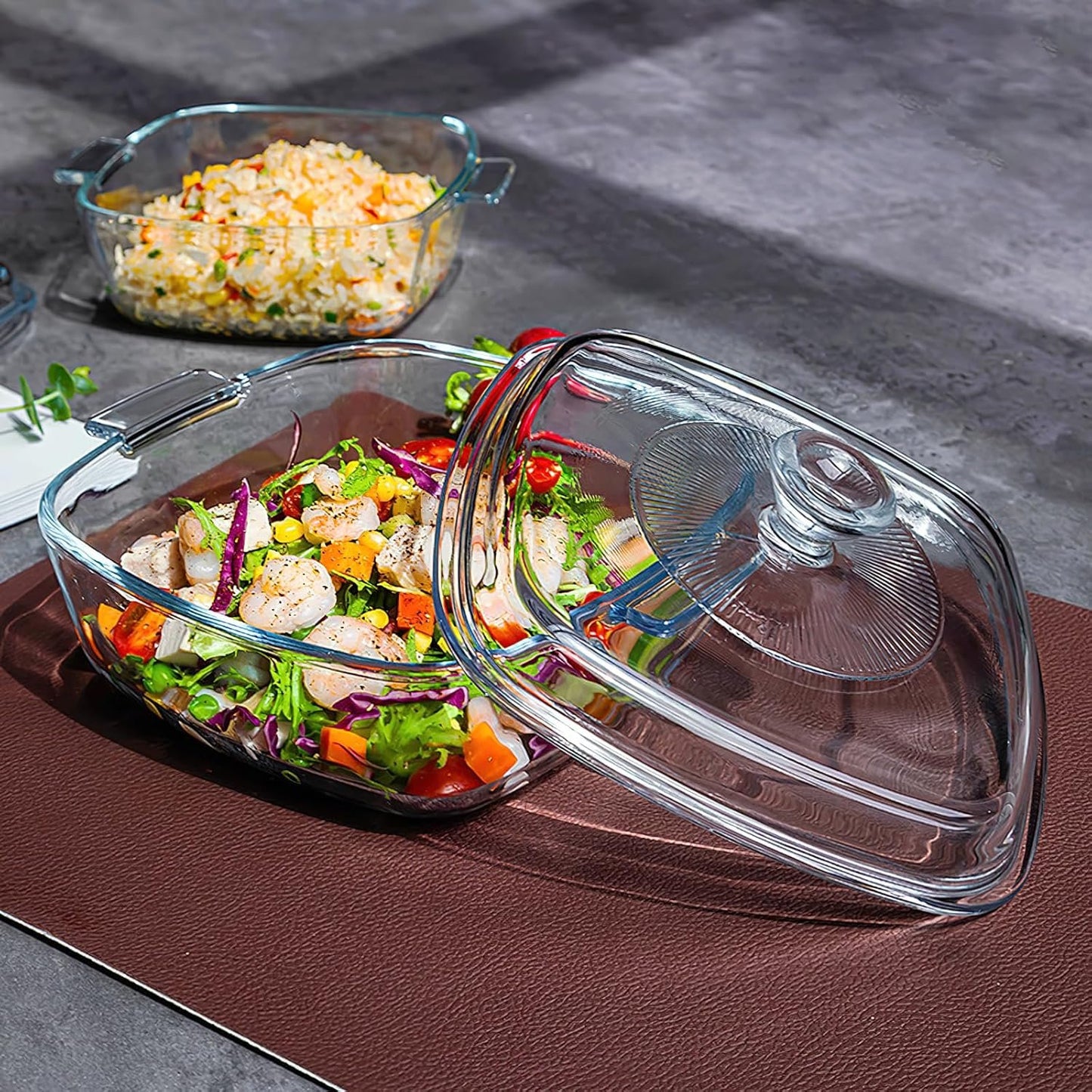 2 Set Glass Casserole Dish with Lid, Square Glass Baking Dishes for Oven Microwave, 0.8 Qt and 1 Qt Small Casserole Dish Clear Covered Casserole Cookware Bakeware for Baking Cooking