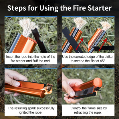 Fire Starter with Compass,Survival Tool Fire Starter Kit,Waterproof Tinder Wick Rope Fire Starter,All-Weather Magnesium Ferro Rod Fire Starter
