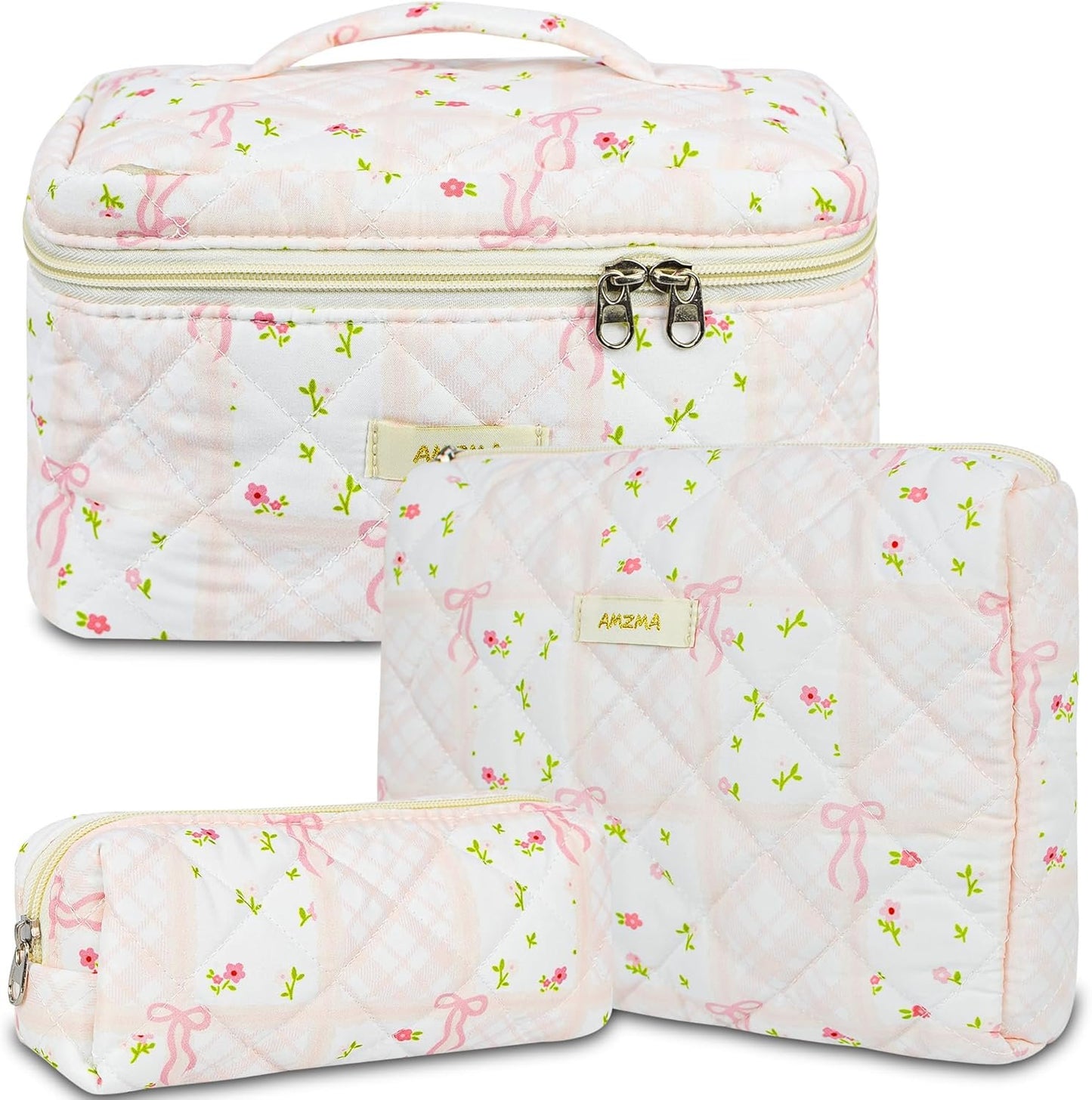 AMZMA Makeup Bag Travel Cosmetic Bag, 3 PCS Quilted Make Up Bags for Women Makeup Organizer Case, Coquette Makeup Pouch Travel Essentials Toiletries Accessories