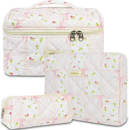 AMZMA Makeup Bag Travel Cosmetic Bag, 3 PCS Quilted Make Up Bags for Women Makeup Organizer Case, Coquette Makeup Pouch Travel Essentials Toiletries Accessories