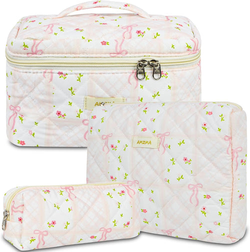 AMZMA Makeup Bag Travel Cosmetic Bag, 3 PCS Quilted Make Up Bags for Women Makeup Organizer Case, Coquette Makeup Pouch Travel Essentials Toiletries Accessories