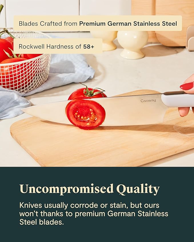 Caraway 14-Piece Kitchen Prep Set - Kitchen Knife Set & Wooden Utensil Set - Made With Premium German Steel Blades & FSC-Certified Birch Wood - Non-Toxic Materials - Includes Organizer - Mist