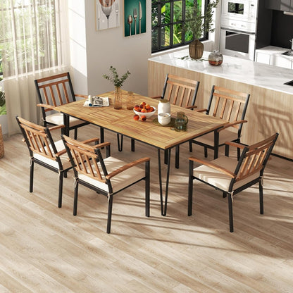 Tangkula 63-Inch Outdoor Dining Table, Patio Dining Table for 6 People w/Acacia Wood Tabletop & Metal Legs, Rectangular Wood Table w/Umbrella Hole for Patio, Yard, Garden & Deck
